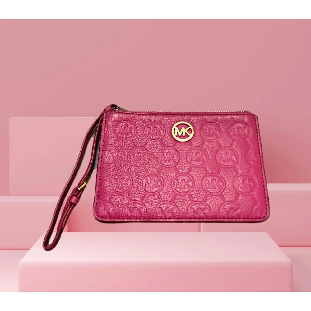 Michael Kors Fuchsia Embossed MK Logo Wristlet with Gold Accent